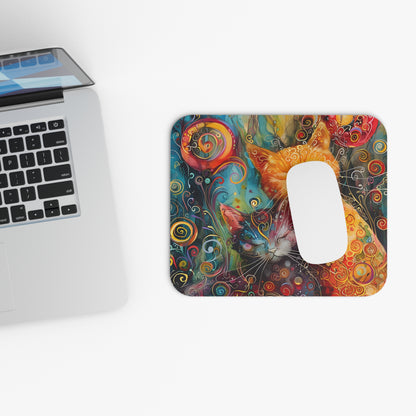 Colorful cat design mouse pad next to a laptop on a white surface