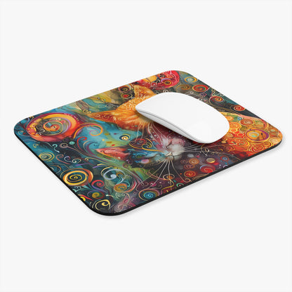 Colorful mouse pad with a  whimsical cats design on a white background