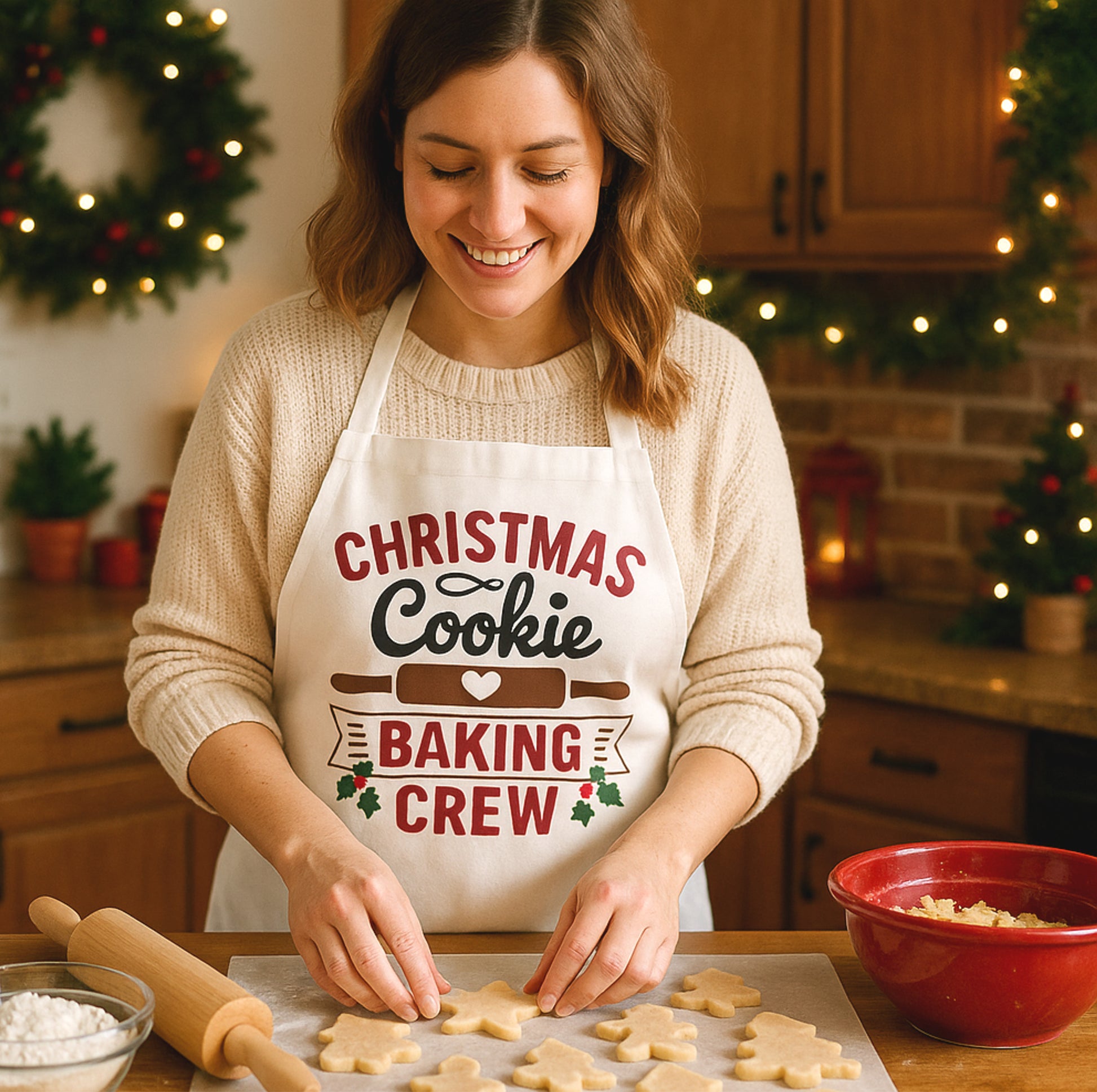 White apron with festive text reading “Christmas Cookie Baking Crew,” featuring rolling pins and holiday accents, perfect for baking and holiday kitchens.