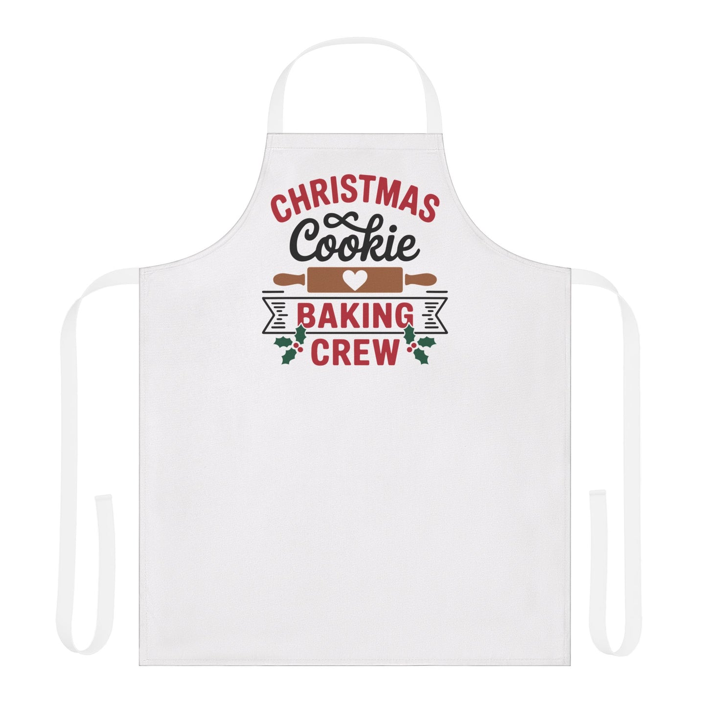 White apron with festive text reading “Christmas Cookie Baking Crew,” featuring rolling pins and holiday accents, perfect for baking and holiday kitchens.