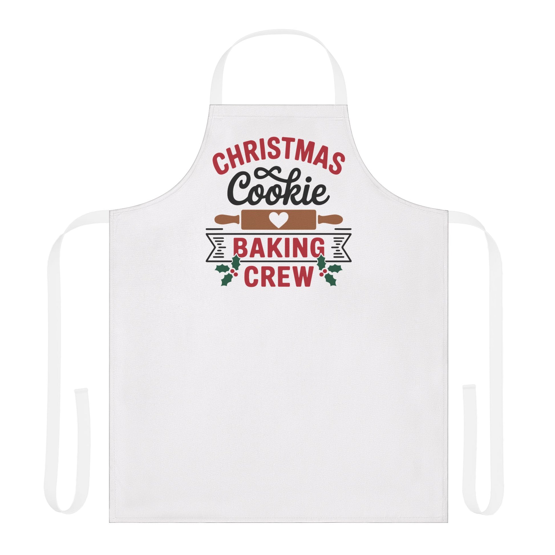 White apron with festive text reading “Christmas Cookie Baking Crew,” featuring rolling pins and holiday accents, perfect for baking and holiday kitchens.