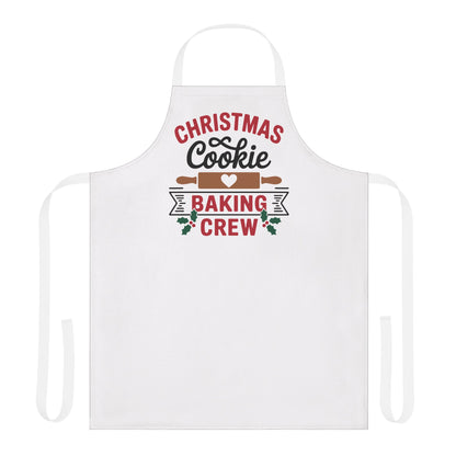White apron with festive text reading “Christmas Cookie Baking Crew,” featuring rolling pins and holiday accents, perfect for baking and holiday kitchens.