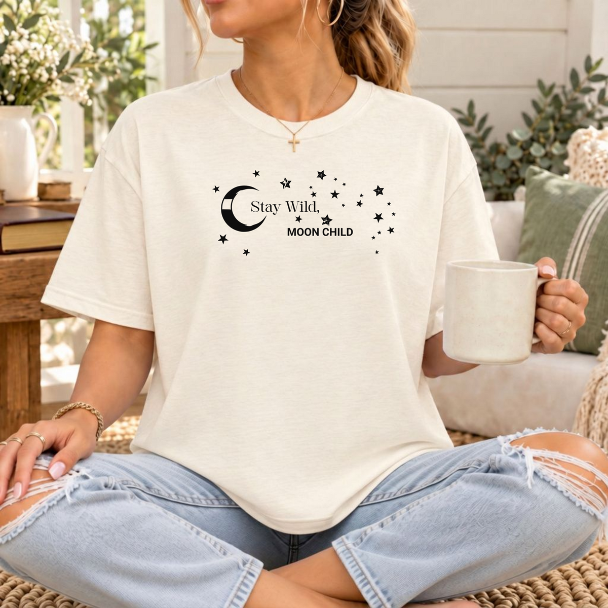 Stay Wild Moon Child T-Shirt, Celestial Stars Boho Tee