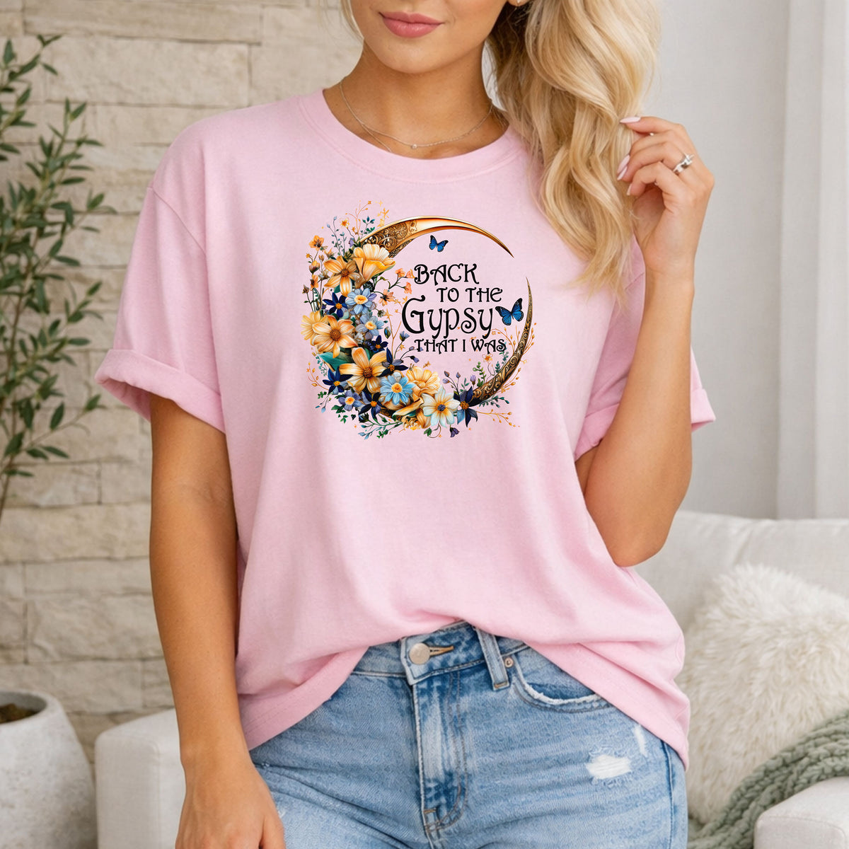 Back to the Gypsy That I Was T-Shirt, Boho Crescent Moon & Wildflower Tee