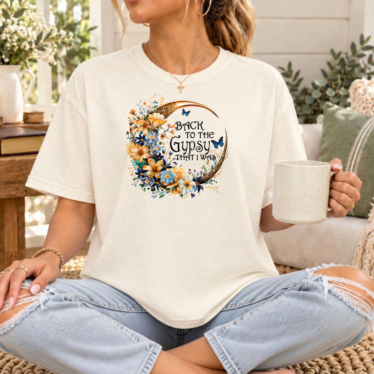 Back to the Gypsy That I Was T-Shirt, Boho Crescent Moon & Wildflower Tee