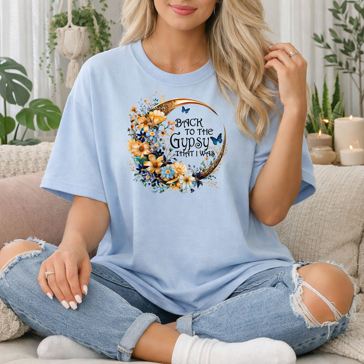 Back to the Gypsy That I Was T-Shirt, Boho Crescent Moon & Wildflower Tee