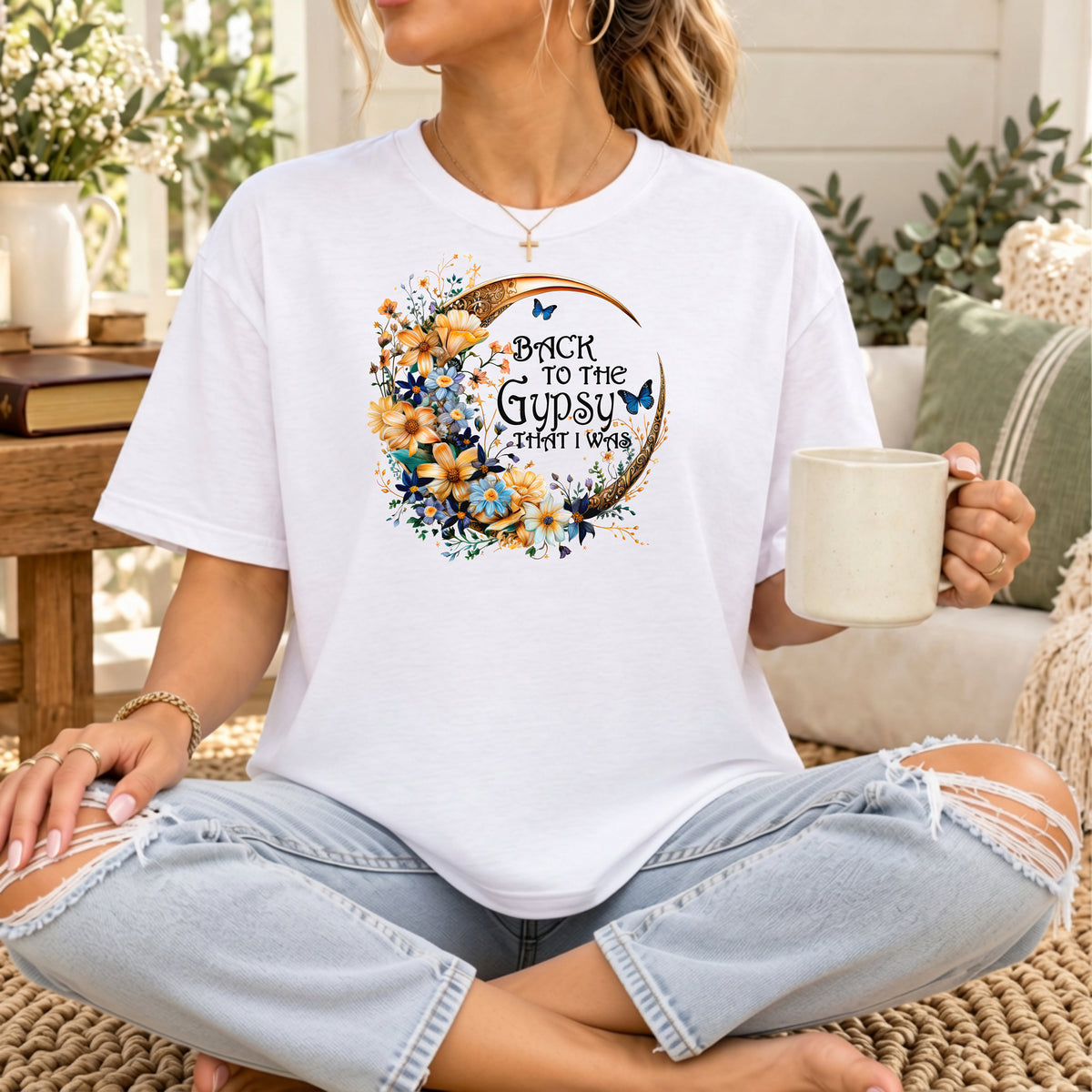 Back to the Gypsy That I Was T-Shirt, Boho Crescent Moon & Wildflower Tee
