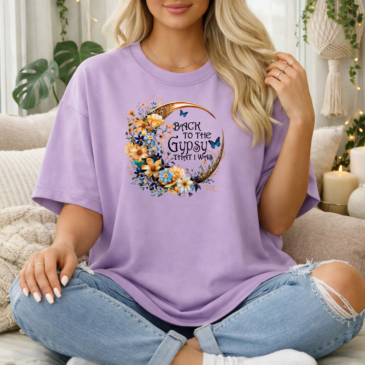 Back to the Gypsy That I Was T-Shirt, Boho Crescent Moon & Wildflower Tee