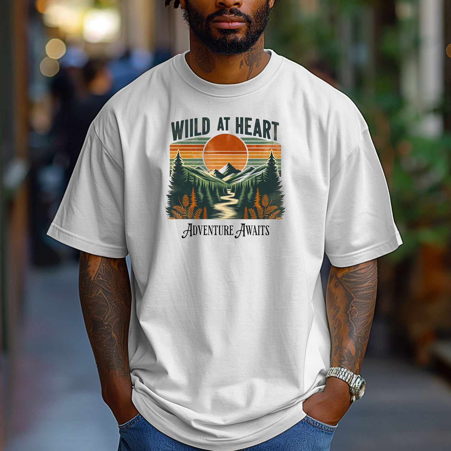 Vintage-style “Wild at Heart” graphic featuring a bold retro sunset over a pine forest and mountain scene, with a winding river flowing through the center. Warm earth tones—orange, green, and cream—create a nostalgic outdoor vibe. Ideal for adventure lovers and nature enthusiasts on a Comfort Colors White t-shirt.