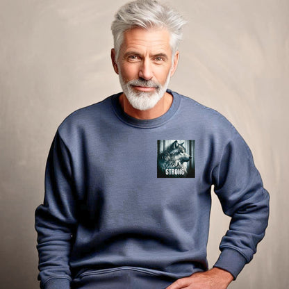  Heather Sport Dark Navy Gildan sweatshirt featuring a “Wilderness Strong” design on the pocket area with a detailed illustration of a majestic wolf in a misty forest. The powerful graphic symbolizes resilience, strength, and connection to nature—ideal for outdoor lovers, wildlife fans, and those who embody the spirit of the wild.
