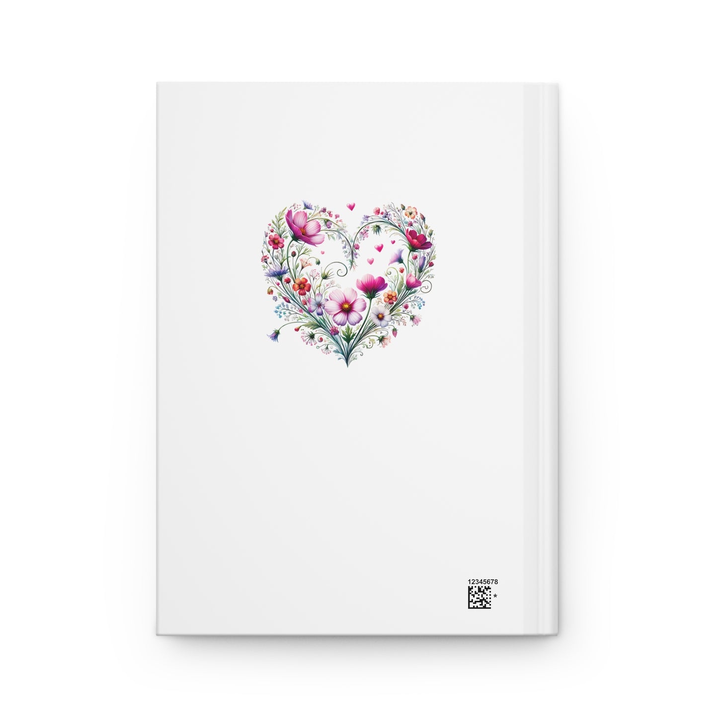 Back side of journal with a wildflower floral heart design on a white background