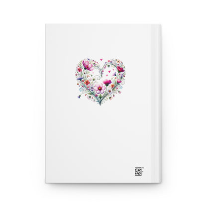 Back side of journal with a wildflower floral heart design on a white background