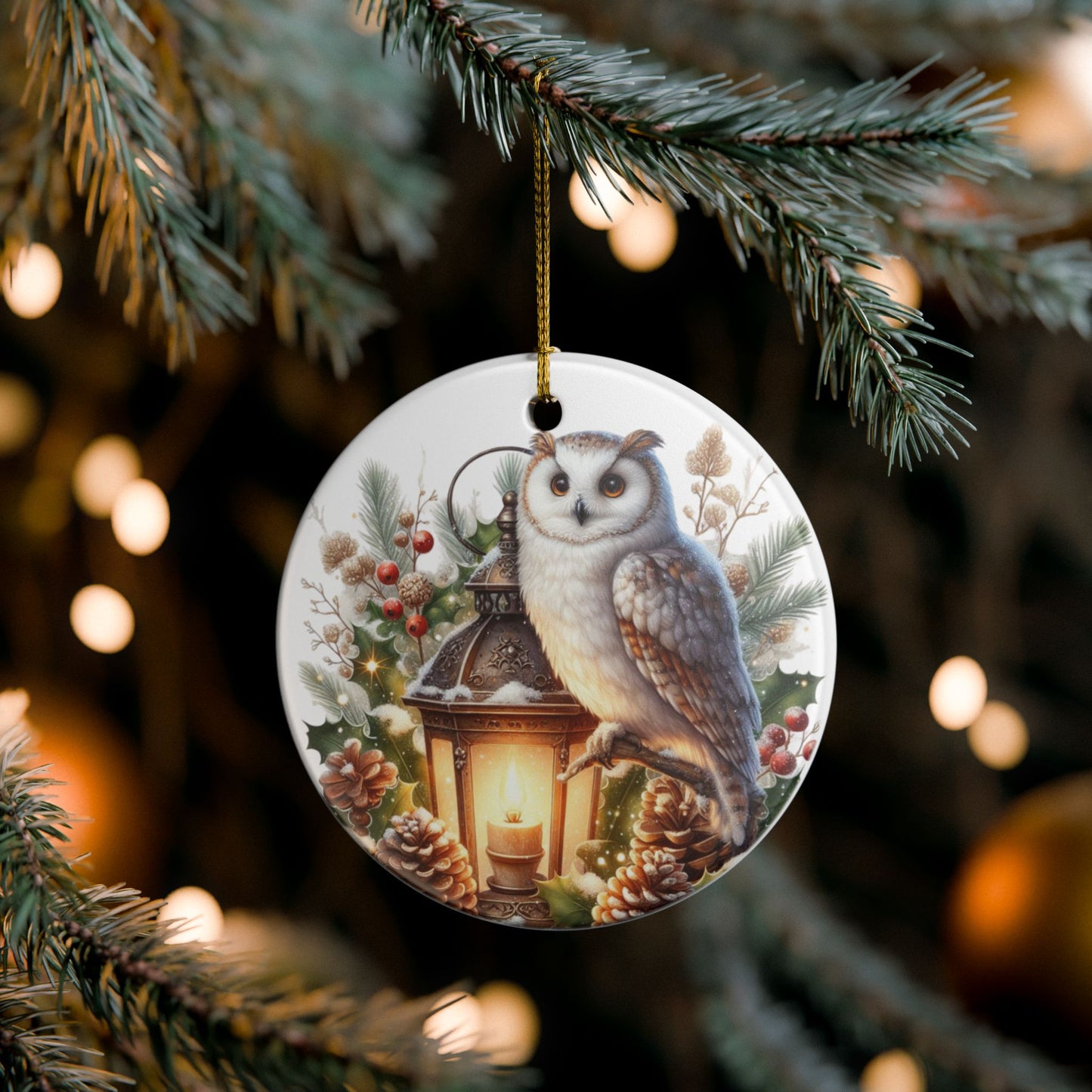 Ceramic Christmas ornament with an owl and lantern design on a tree branch.