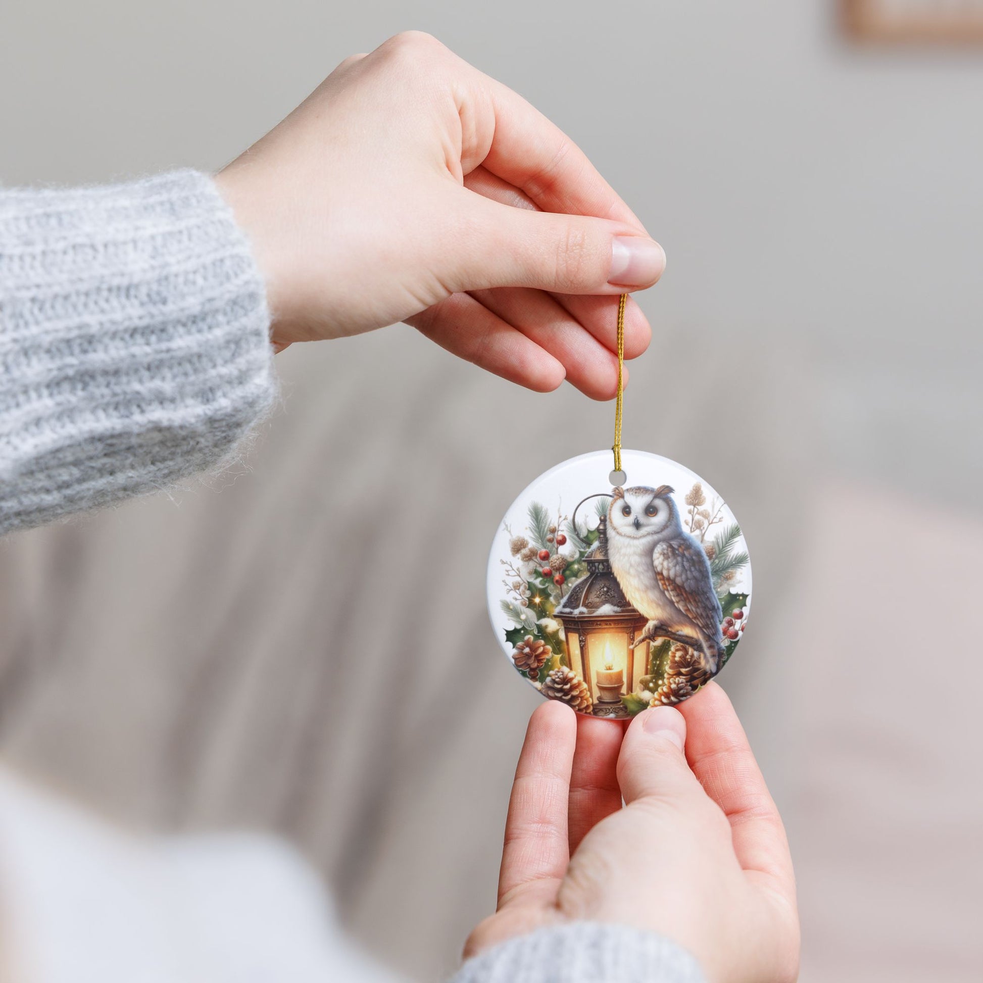 Hand holding a ceramic Christmas ornament with an owl design against a neutral background