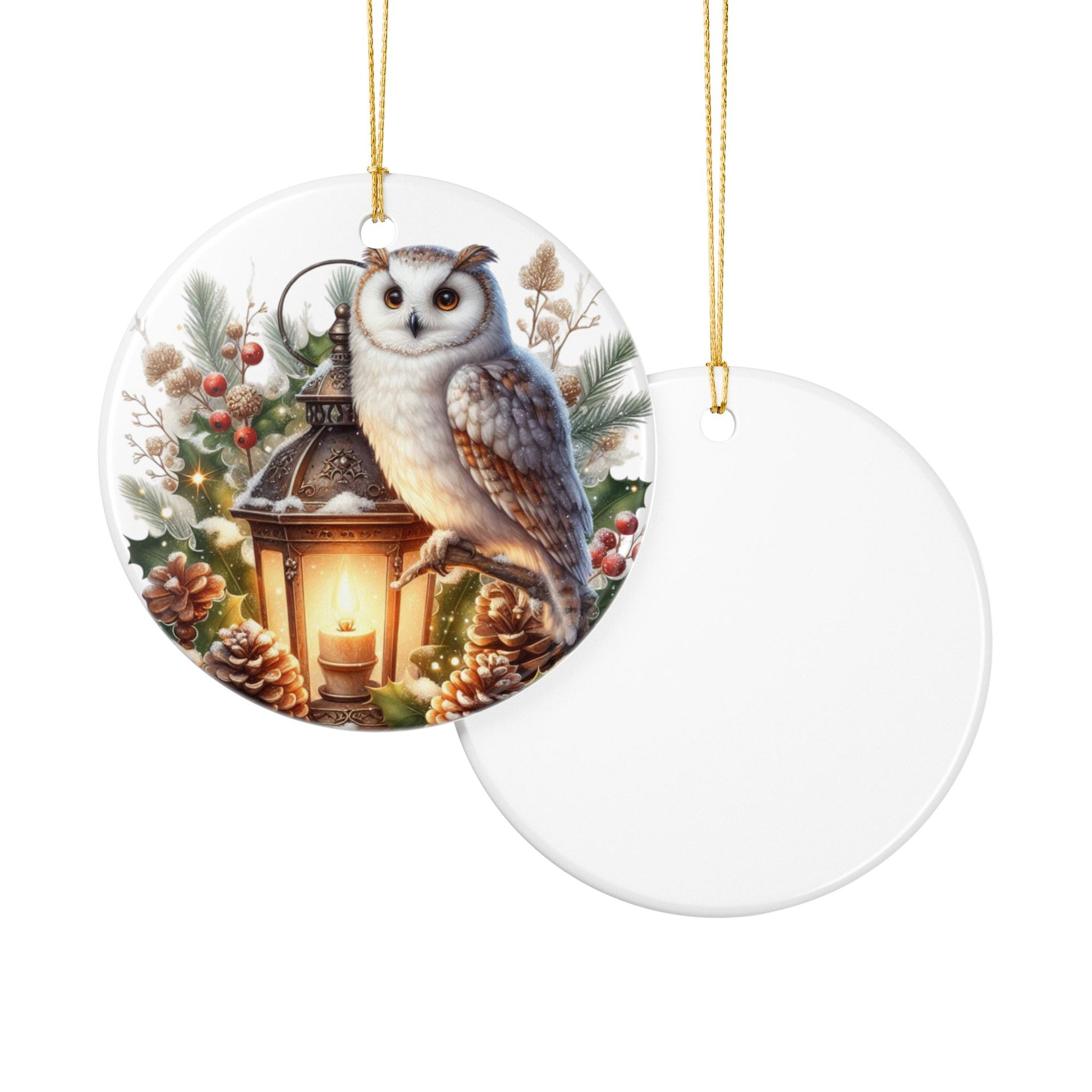 Front and back ceramic Christmas ornament with an owl and lantern design on a white background