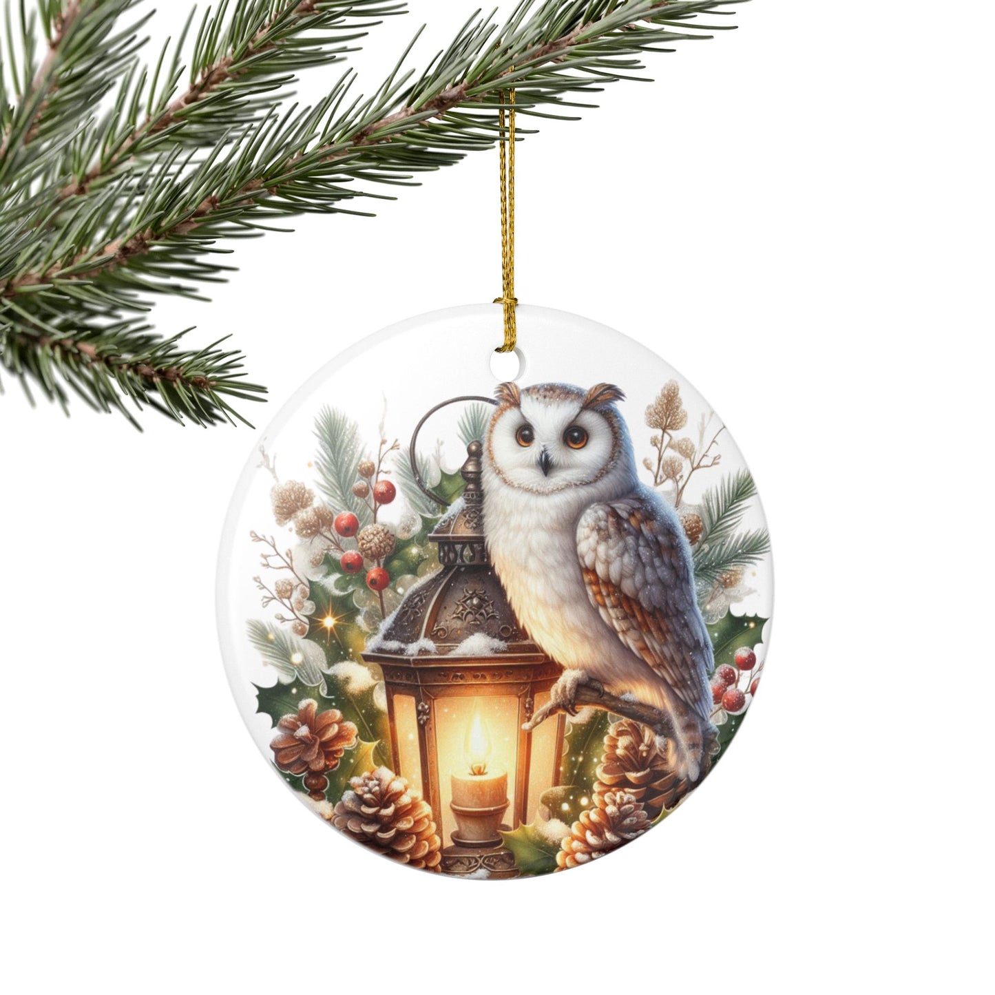 Ceramic Christmas ornament with an owl and lantern design on a white background hanging from a tree branch