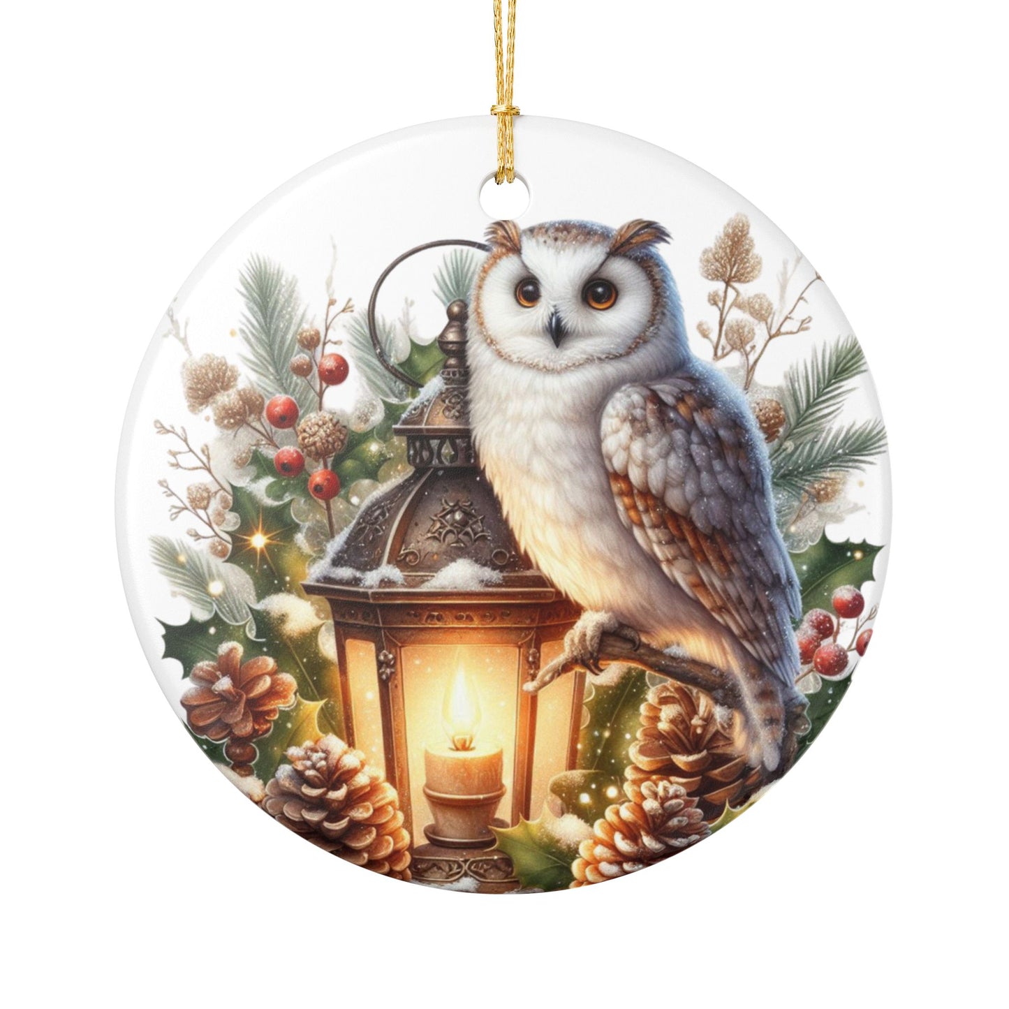 Ceramic Christmas ornament with an owl perched on a lantern surrounded by winter elements, hanging from gold cord