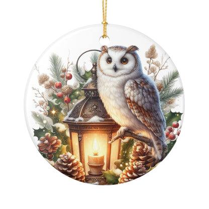 Ceramic Christmas ornament with an owl perched on a lantern surrounded by winter elements, hanging from gold cord