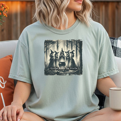 Vintage Girls Will Be Girls Witch Shirt, Mystical Forest T-Shirt, Boho Style Shirt, Witchy Vibe Tee, Vintage Halloween Women Shirt