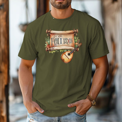 Hemp color T-shirt featuring a whimsical Renaissance Faire design with the words “Ye Olde Faire” written on a scroll accented by flowers and greenery, alongside a medieval-style lute. Perfect for festival goers, music lovers, and fans of historical fairs, knights, and old-world charm.