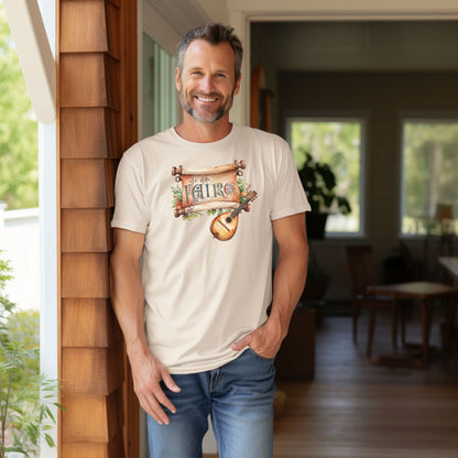 Ivory T-shirt featuring a whimsical Renaissance Faire design with the words “Ye Olde Faire” written on a scroll accented by flowers and greenery, alongside a medieval-style lute. Perfect for festival goers, music lovers, and fans of historical fairs, knights, and old-world charm.