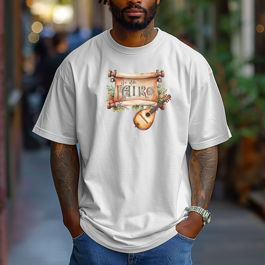 White T-shirt featuring a whimsical Renaissance Faire design with the words “Ye Olde Faire” written on a scroll accented by flowers and greenery, alongside a medieval-style lute. Perfect for festival goers, music lovers, and fans of historical fairs, knights, and old-world charm.