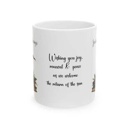 White 11 oz ceramic mug with a Yuletide Blessing text on a white background
