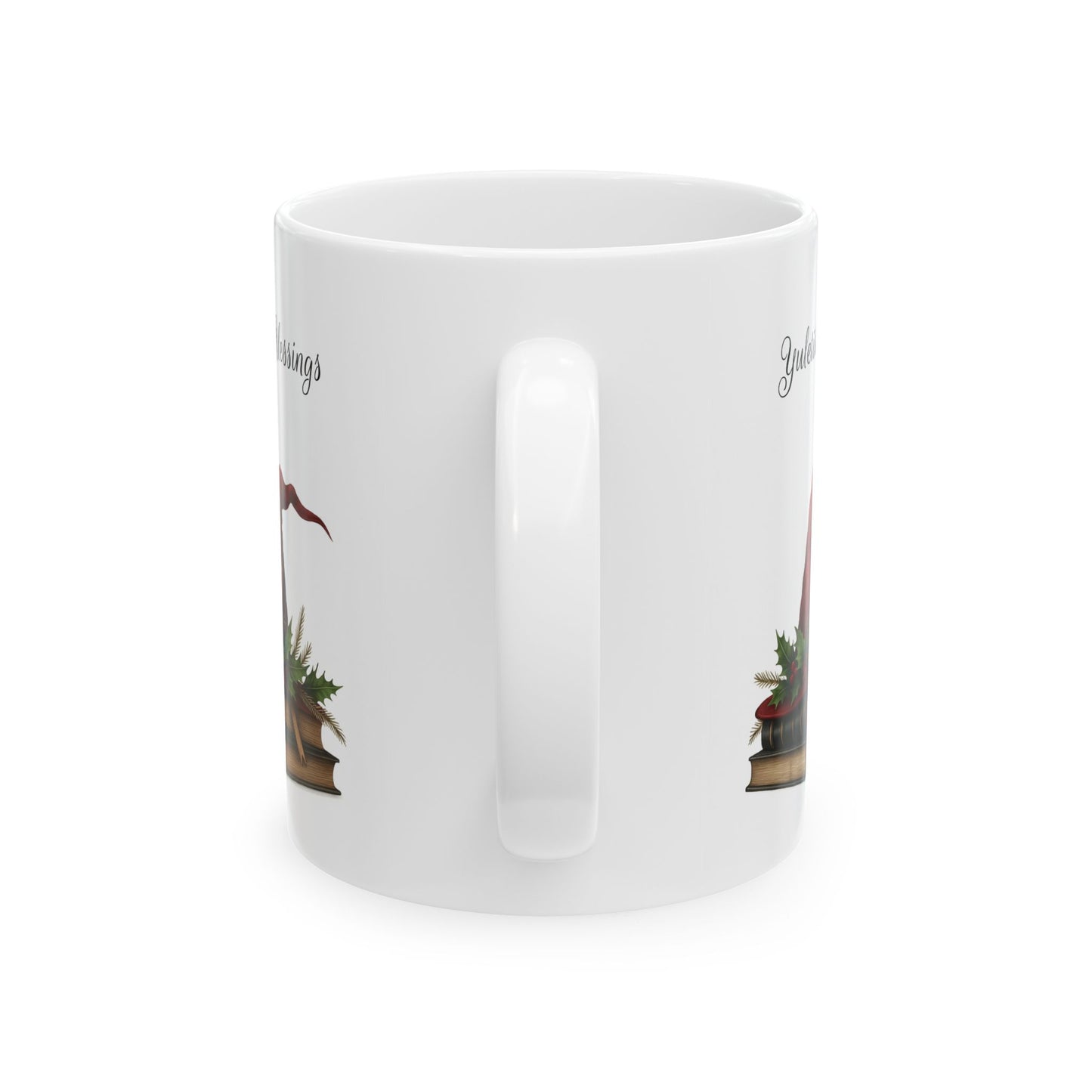 White ceramic mug with printed design on both sides a white background
