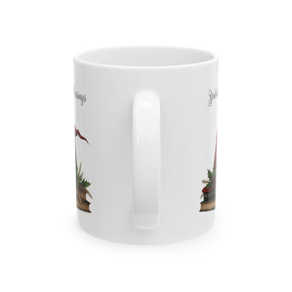 White ceramic mug with printed design on both sides a white background