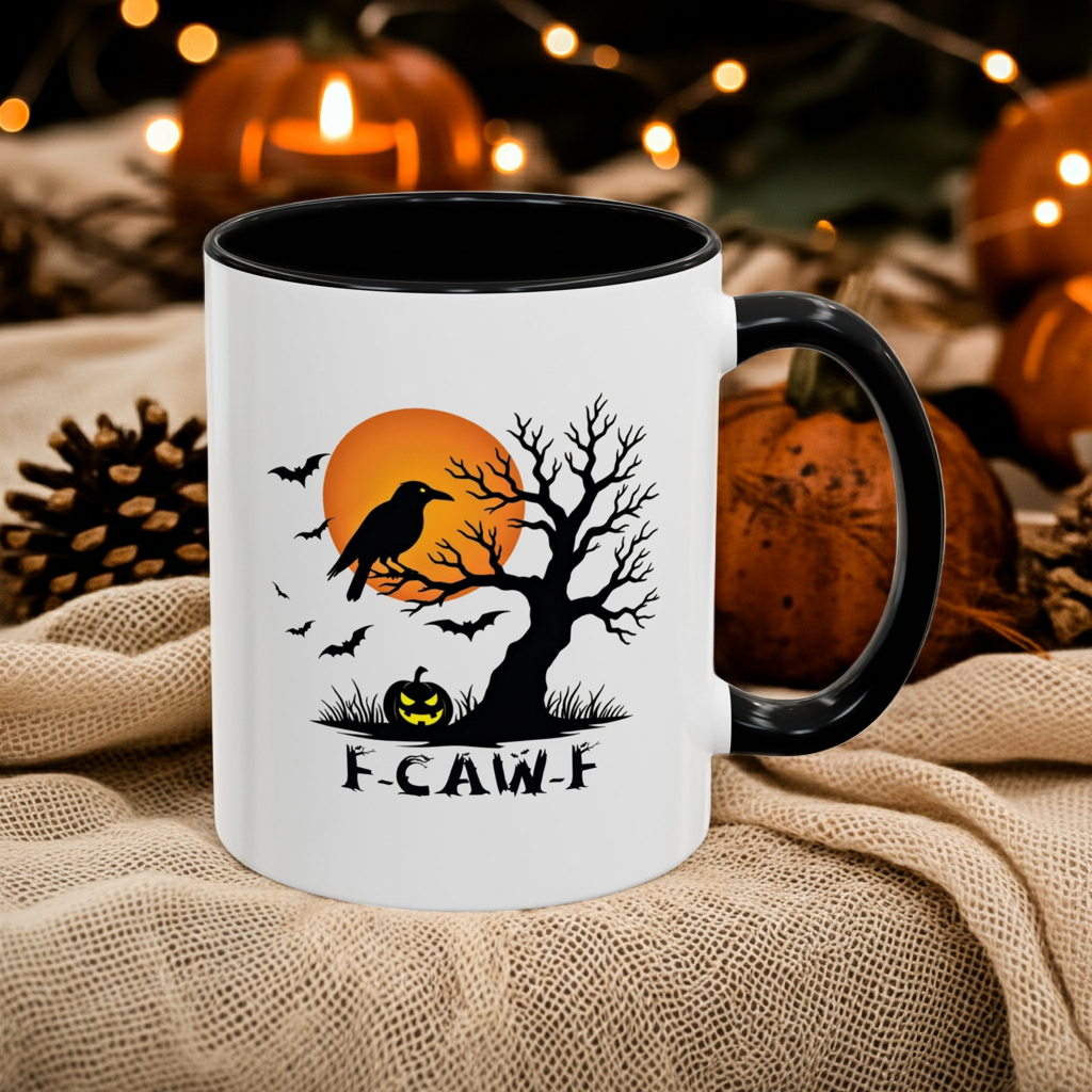 F-CAW-F Halloween Mug, Spooky Raven, Pumpkin & Moon Design