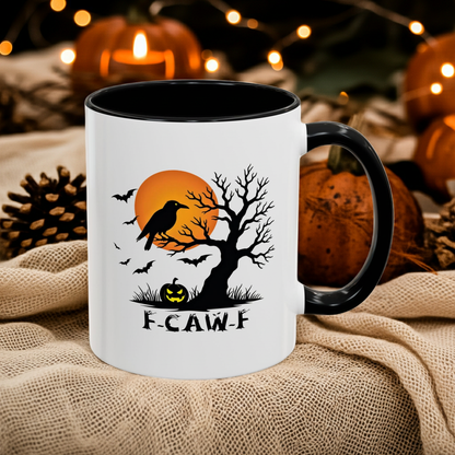 F-CAW-F Halloween Mug, Spooky Raven, Pumpkin & Moon Design