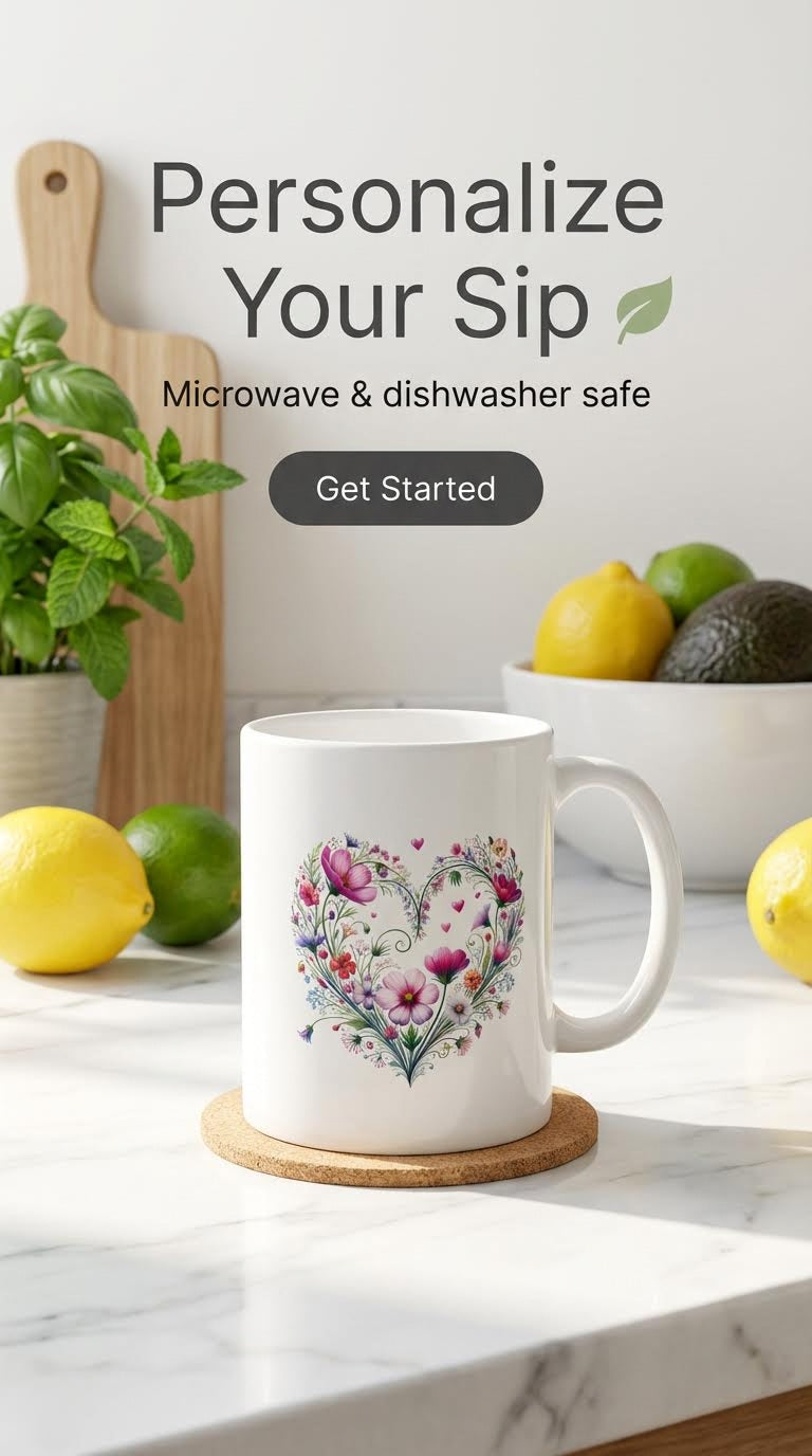 Personalized Wildflower Boho Heart Mug, Floral Ceramic Gift