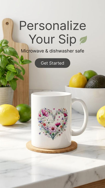 Personalized Wildflower Boho Heart Mug, Floral Ceramic Gift