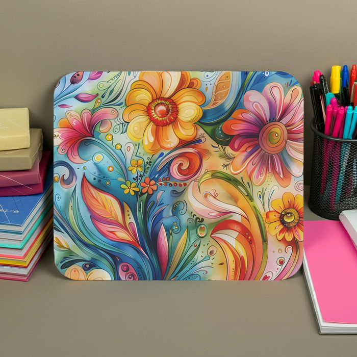 Groovy Whimsical Floral Mouse Pad, Colorful Retro Desk Accessory